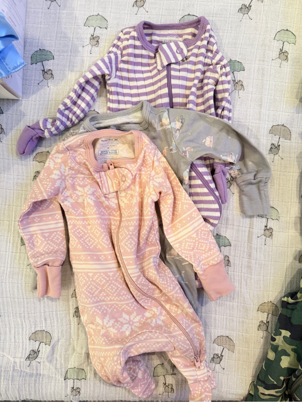 3 Baby Sleepers - Pink, Lavender & Gray NB EUC